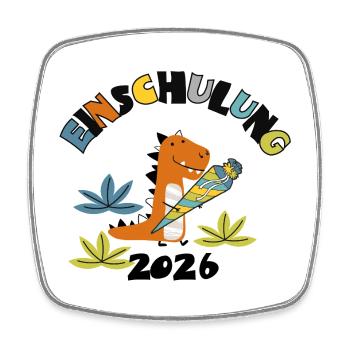 Einschulung 2026 - Dino mit Schultüte - Viereckiger Kühlschrankmagnet - Weiß - Vorne