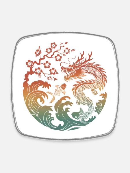 Conception du cercle Dragon & Koi - Magnet carré - blanc