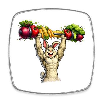 Bunny with muscles and vegetable barbell - Square fridge magnet - white - Front