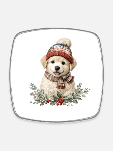 Winter Paw Dog with Hat - Square fridge magnet - white