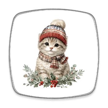 Chaton d’hiver avec chapeau et écharpe - Magnet carré - blanc - Devant