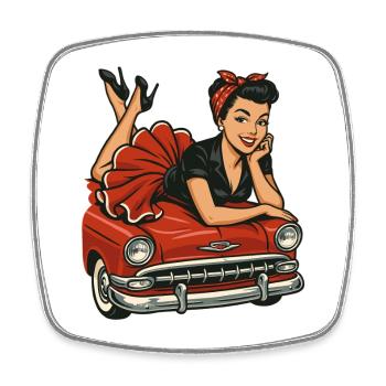 Femme pin-up sur une voiture vintage : look rétro rockabilly - Magnet carré - blanc - Devant