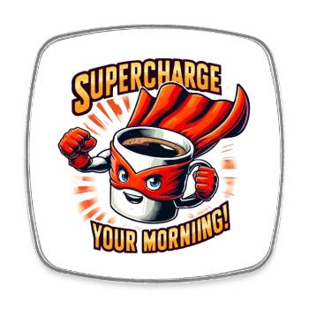 Supercharge Your Morning Kaffeeheld - Viereckiger Kühlschrankmagnet - Weiß - Vorne