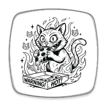 Flaming Cat in a Warning Box Pizza - Square fridge magnet - white - Front