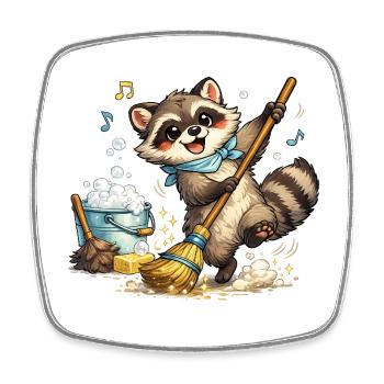 Raccoon with a colorful broom - Square fridge magnet - white - Front