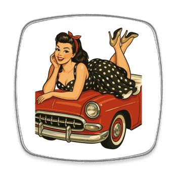 Pin-up rockabilly sur une voiture vintage dans un style rétro - Magnet carré - blanc - Devant