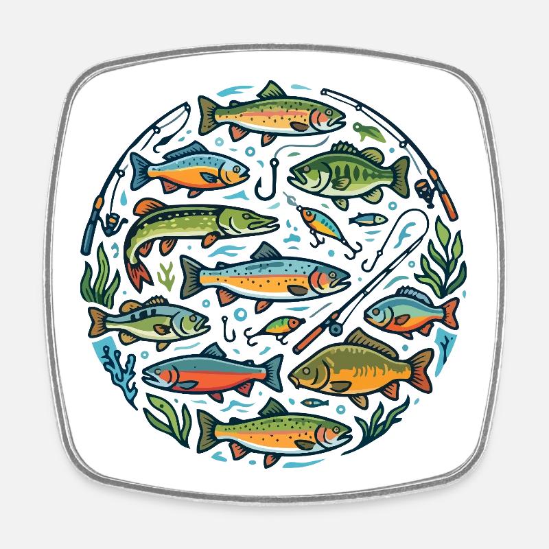 Fish Circle: Colorful underwater world - Square fridge magnet - white