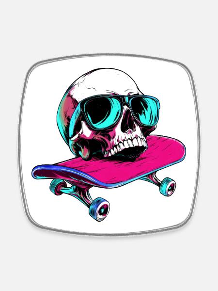 Totenköpfe Skateboard - 1990 - Viereckiger Kühlschrankmagnet - Weiß