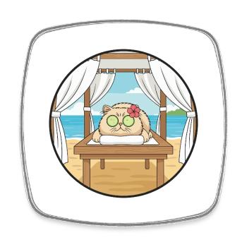 Beach Spa Cat Kitten Relaxing Art - Square fridge magnet - white - Front