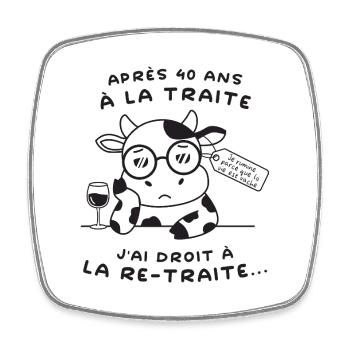Retraite Humour : Vache Drôle (texte noir) - Magnet carré - blanc - Devant