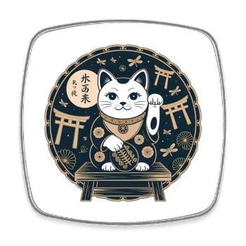 Lucky Cat Ukiyoe Gold auf Navy - Viereckiger Kühlschrankmagnet - Weiß - Vorne