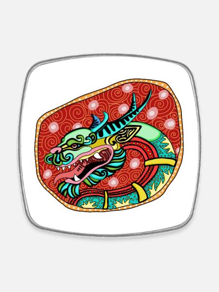 Dragon coloré sur badge rouge - Magnet carré - blanc