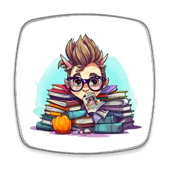 Büchernerd im Bücherstapel - Viereckiger Kühlschrankmagnet - Weiß - Vorne