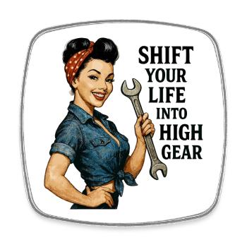 Vintage Workshop Pin-up: High Gear Lifestyle - Square fridge magnet - white - Front
