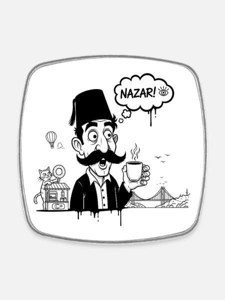 Moustachu au fez et Nazar Café - Magnet carré - blanc