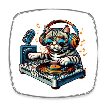DJ chat avec casque et platine - Magnet carré - blanc - Devant