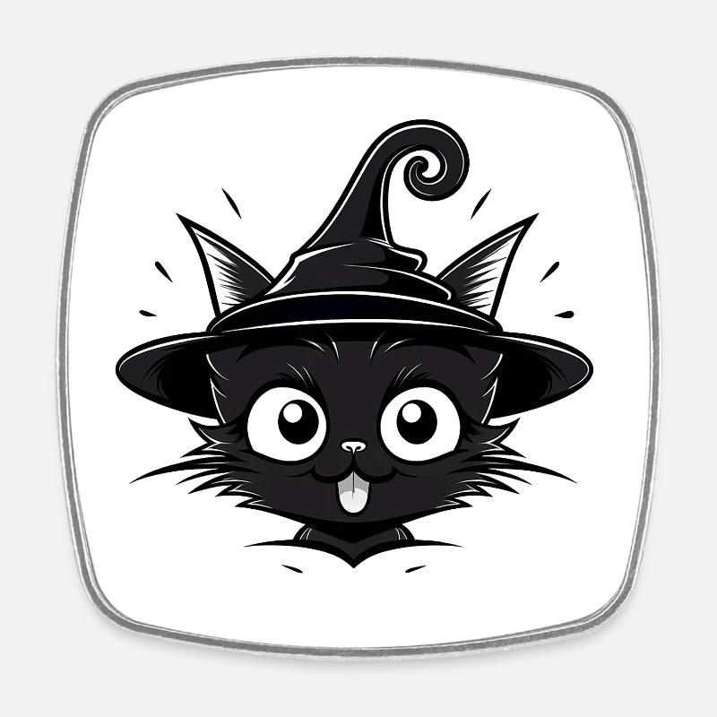 Sorcière Chat Noir avec Chapeau de Sorcière - Chat - Magnet carré - blanc