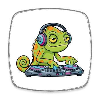 Chamäleon DJ Plattenspieler Musik-Maskottchen-Zeichentrick - Viereckiger Kühlschrankmagnet - Weiß - Vorne