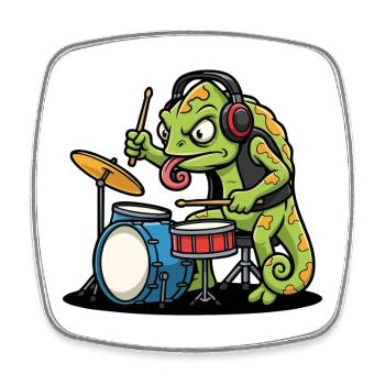 Caméléon Batteur Rock Musique Mascotte Cartoon - Magnet carré - blanc - Devant