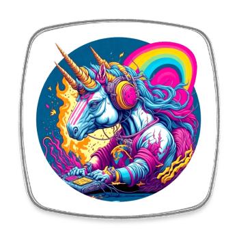 Unicorn DJ in neon rainbow - Square fridge magnet - white - Front