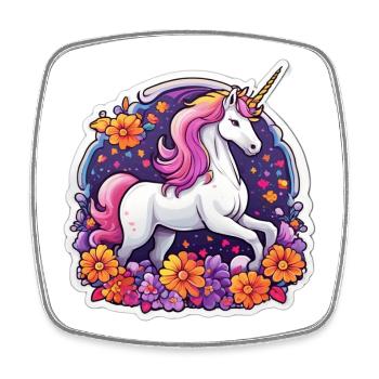 Licorne éclatante entourée de fleurs cosmos - Magnet carré - blanc - Devant