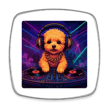 Maltipoo DJ: Cute Dog with Headphones & Neon - Square fridge magnet - white - Front