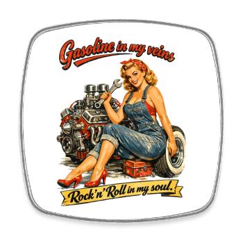 Retro Pin-up Hot Rod: Gasoline & Rock n Roll Soul - Square fridge magnet - white - Front