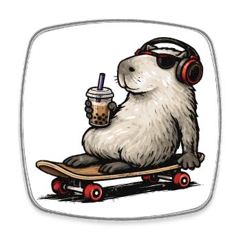 Capybara Skateboard Bubble Tea - Square fridge magnet - white - Front