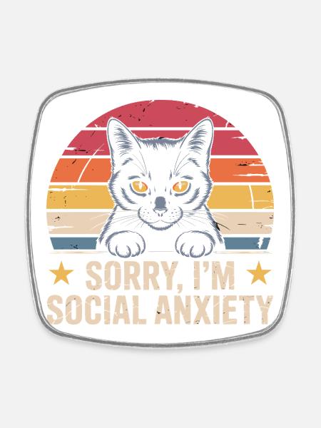 Retro Cat Black Cat Social Anxiety - Square fridge magnet - white