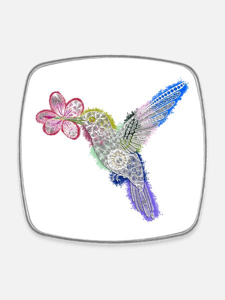 Colibri Zentangle avec fleur - Magnet carré - blanc