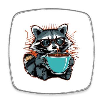 Overwhelmed raccoon with coffee - Square fridge magnet - white - Front