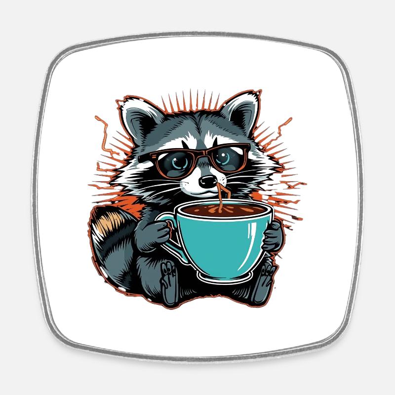 Overwhelmed raccoon with coffee - Square fridge magnet - white