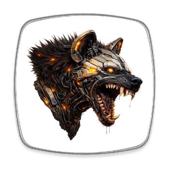 Mechanical hyaena head with luminous accents - Square fridge magnet - white - Front