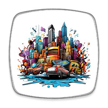 Bunte Stadtsilhouette mit Autos - Viereckiger Kühlschrankmagnet - Weiß - Vorne