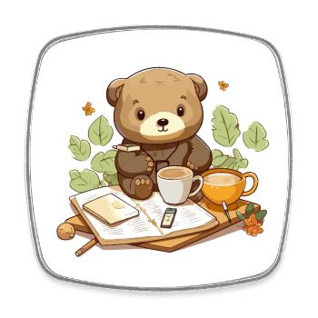 Cuddly bear reading with coffee - Square fridge magnet - white - Front