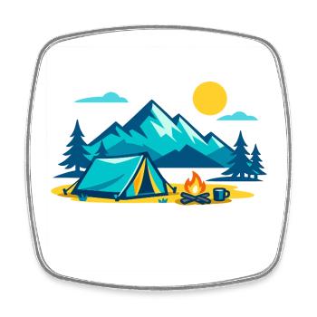 Mountain tent camping under sunny mountain scenery - Square fridge magnet - white - Front