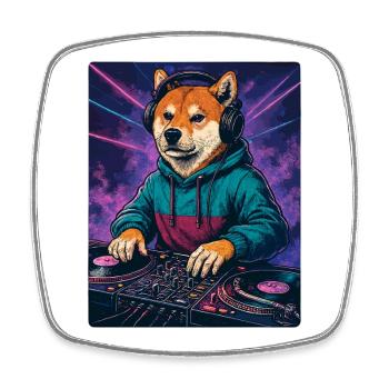 Shiba Inu DJ at Neon Club with Turntables - Square fridge magnet - white - Front