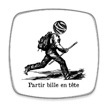 Partir bille en tête - jeu de mots décalé - Magnet carré - blanc - Devant