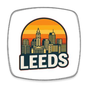 Vintage Leeds Skyline Retro-Sonnenuntergangsdesign - Viereckiger Kühlschrankmagnet - Weiß - Vorne
