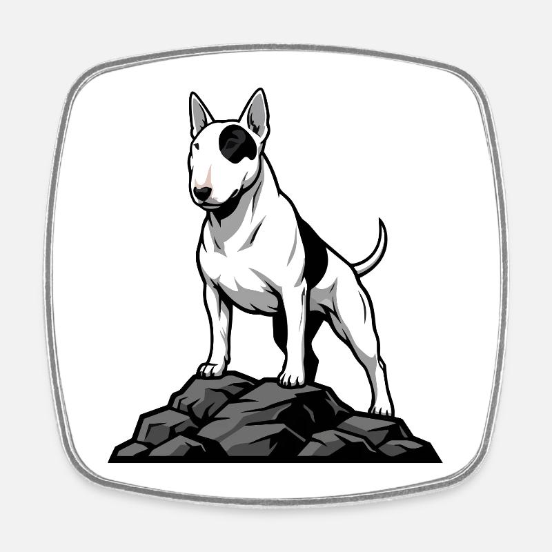 Bull Terrier Dog on Rock Portrait White Spot - Square fridge magnet - white
