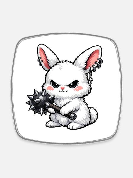Cuddly bunny with spiked hammer - Square fridge magnet - white