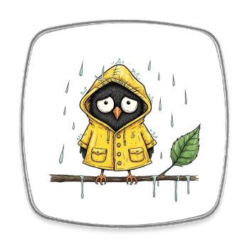 Chouette pluvieuse en imperméable jaune - Magnet carré - blanc - Devant