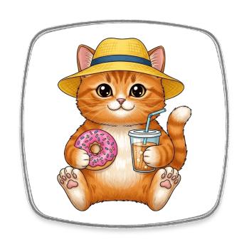 T-shirt Chat Mignon Vacances - Design Kawaii Été  - Magnet carré - blanc - Devant