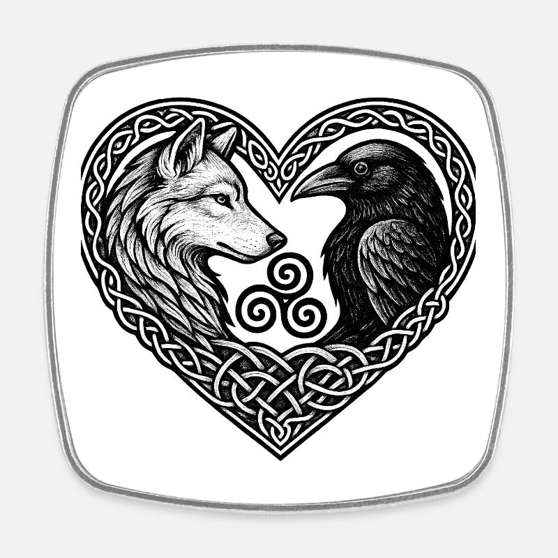 Cœur Celtique : Loup et Corbeau - Magnet carré - blanc