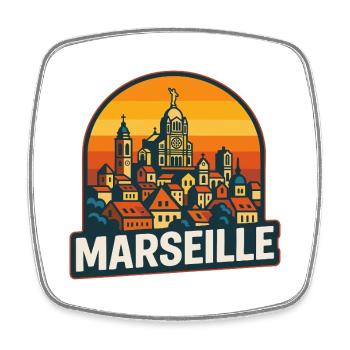Marseille France Retro Sunset Skyline Art - Square fridge magnet - white - Front