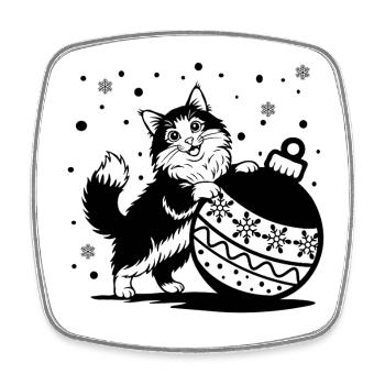 Cute fluffy cat with a Big Christmas Bauble – St. - Square fridge magnet - white - Front