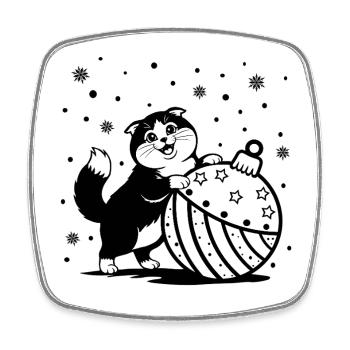 Cute Fluffy Cat with a Big Christmas Bauble - Square fridge magnet - white - Front