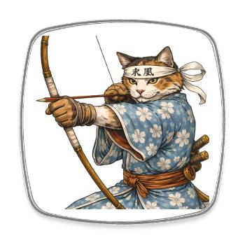 Kyudo Cat Archer – Japanese Zen Archery Art - Square fridge magnet - white - Front
