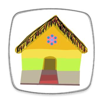 Colourful village house with thatched roof - Square fridge magnet - white - Front