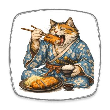 Samurai-Katze Tonkatsu Japanisches Essen Ukiyo-e - Viereckiger Kühlschrankmagnet - Weiß - Vorne